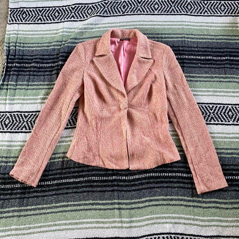 Vintage y2k baby pink tweed one button blazer